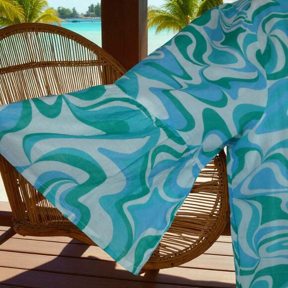Addison Bay Blue Green Wave Print Cotton Caftan Dress XS Resort Beach Cover Up - Picture 3 of 11